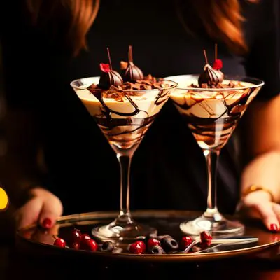 A woman holding a tray of two after dinner chocolate martini drinks