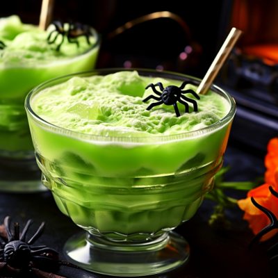 Two bright green Witches Brew cocktails with fake spider garnish