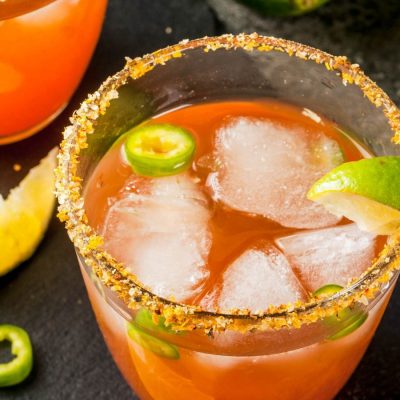 Mexican firing squad with lime and grenadine with spicy rim from above