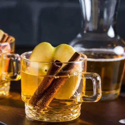 Front view of Hot Apple Cider Cocktail garnished with Cinnamon sticks and an apple slice