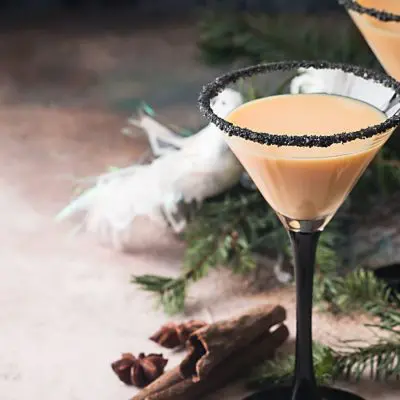 Traditional winter eggnog in martini glasses with milk, rum and cinnamon, christmas decorations