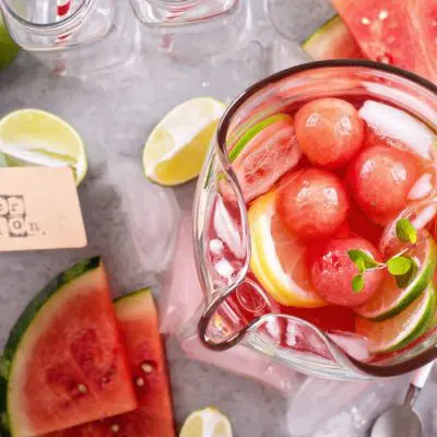 Overhead of a pitcher of watermelon punch