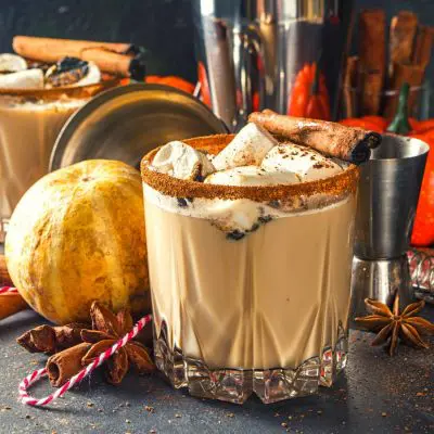 Hot Pumpkin Pie cocktails with marshmallow garnish