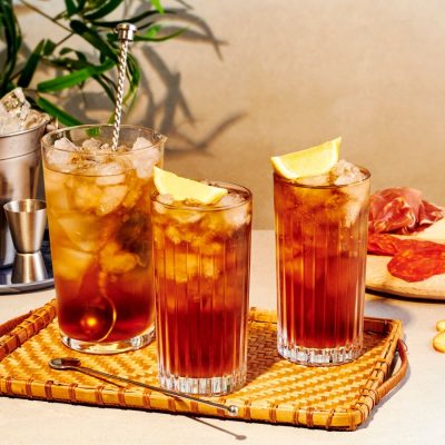 Front image of three homemade Long Island Ice Tea Cocktails with Lemon garnish