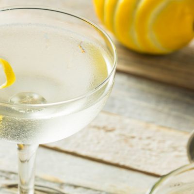 Close-up of Vesper Martini, garnished with a lemon twist