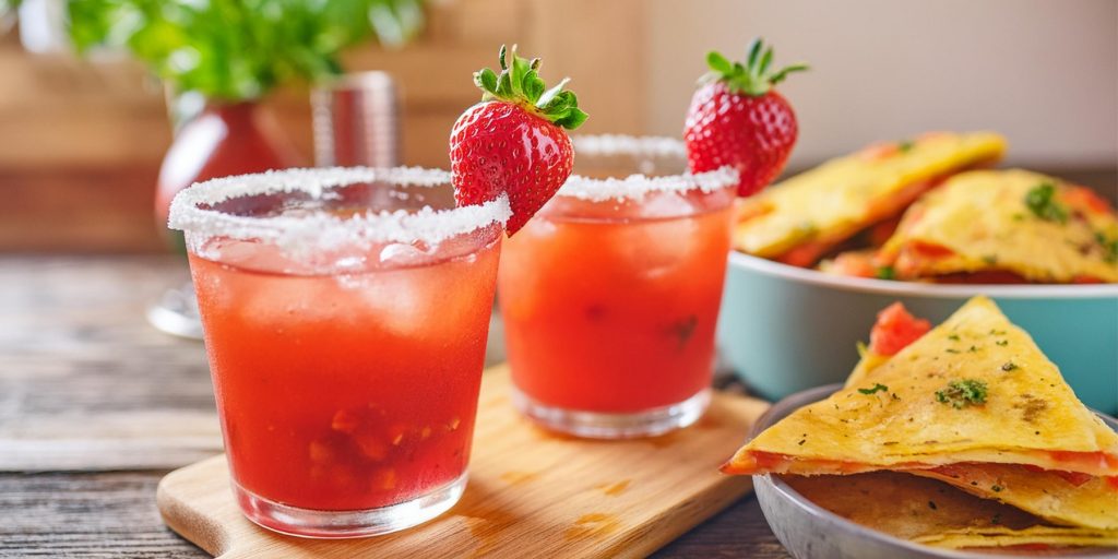 Two Strawberry Margarita cocktails served with quesadillas