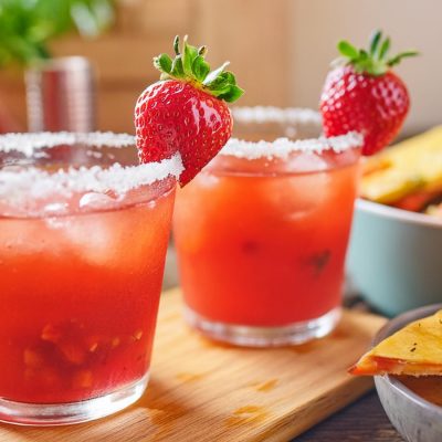 Two Strawberry Margarita cocktails served with quesadillas