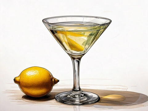 Colour illustration of a Vesper Martini with a lemon twist garnish