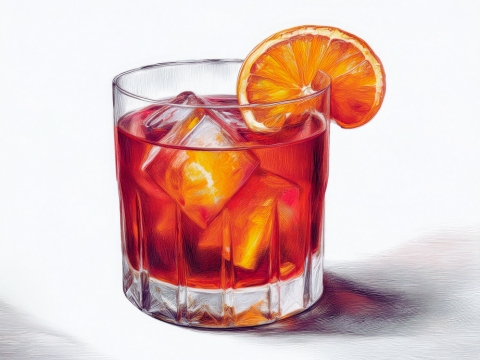 Colour illustration of a Negroni with orange garnish