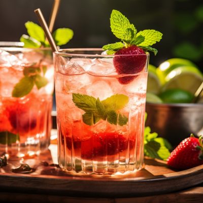Two Strawberry Mojito Mocktails with fresh mint and strawberry garnish