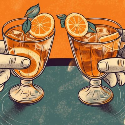 Classic illustration of 2 hands clinking together orange liqueur cocktails