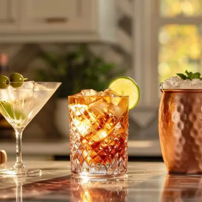 A Martini, Vodka Coke and Moscow Mule on a kitchen counter