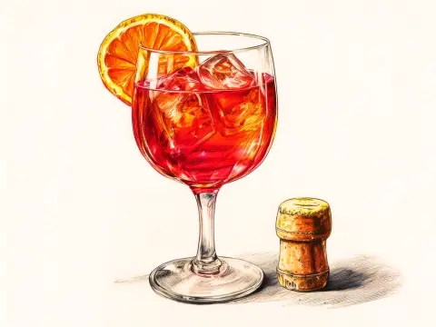 Colour illustration of a Negroni Sbagliato served in a wine glass