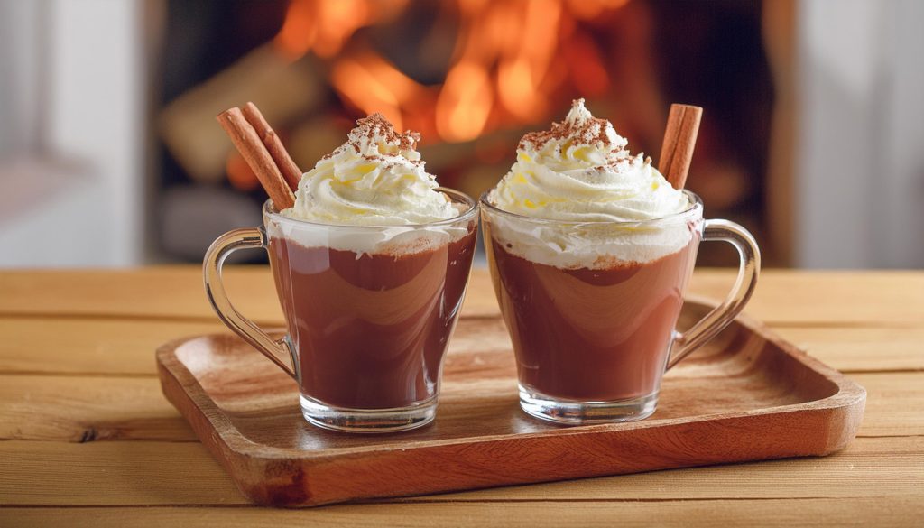 Two hot chocolate topped with whipped cream in glass mugs
