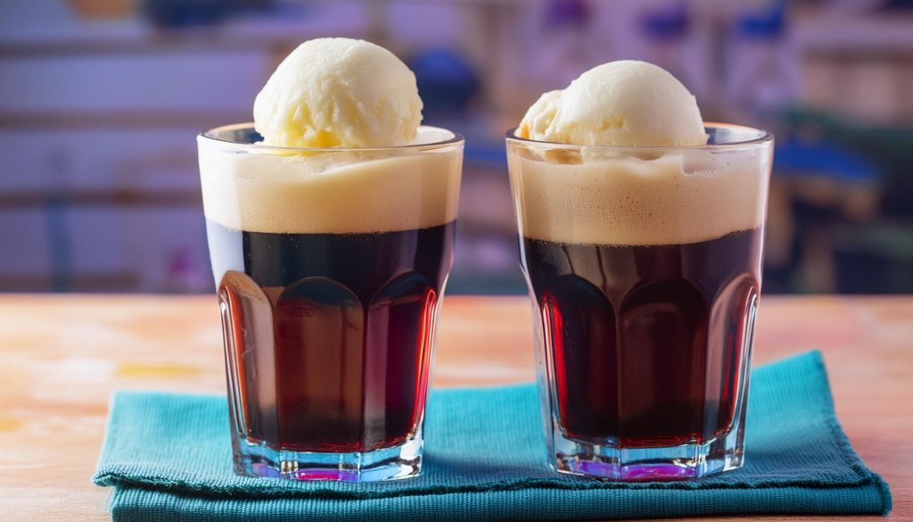 Close up of two root beer floats topped with vanilla ice cream