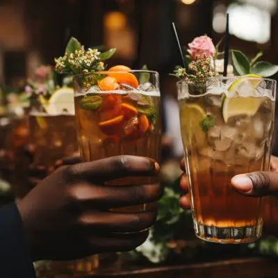 Two hands clinking together wedding cocktails at a wedding reception