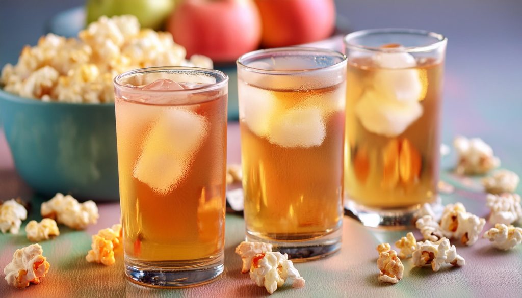 Three apple and vodka cocktails served with popcorn 