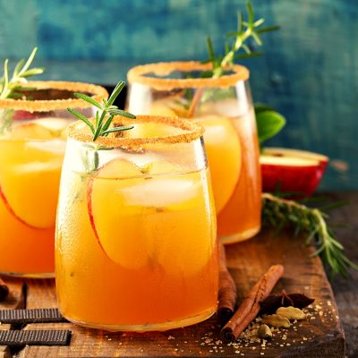 Refreshing apple juice cocktails with rosemary, cinnamon and sliced apple garnish