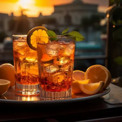 Two classic Americano cocktails in street café, Italian backdrop