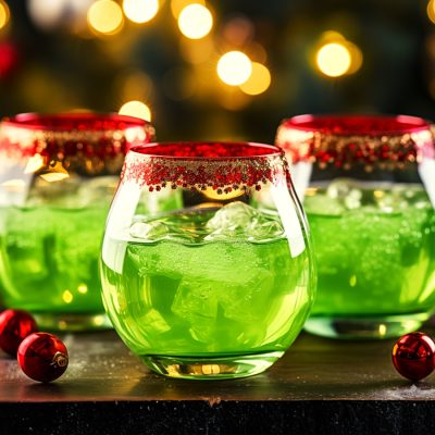 Three bright green Grinch cocktails