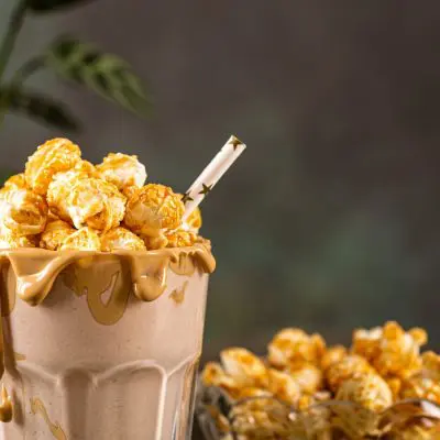 Chocolate Ice Cream Cocktail with caramel popcorn garnish