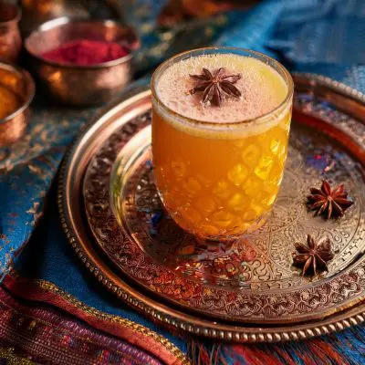 Slight overhead shot of a mango Indian cocktail on an ornate tray on top of brightly colored Indian textiles