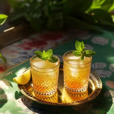 Two Indian cocktails on a copper serving tray on a colourful tablecloth on a sunny veranda
