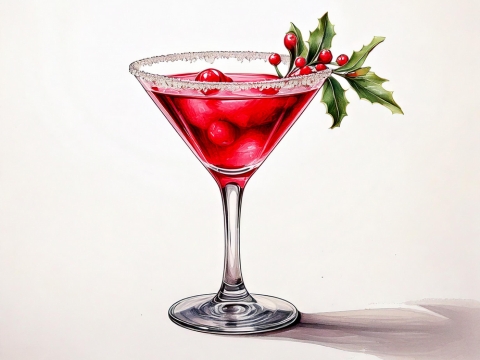 Colour illustration of a vibrant pink Mistletoe Martini