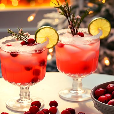 Mistletoe Martinis with sugared rim and cranberry garnish