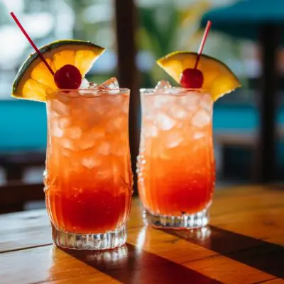 Two Singapore Sling cocktails in a beach bar setting