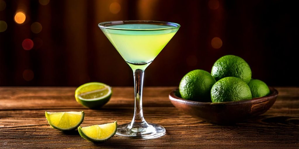 A sleek martini glass containing a bright green cocktail, set against a warm backdrop with whole and sliced limes arranged artfully on a wooden table.