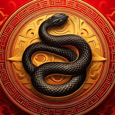 A stylised depiction of a black snake coiled on a golden medallion with intricate patterns, surrounded by red ornamental designs symbolising Chinese New Year. The artwork is vibrant and features traditional motifs.