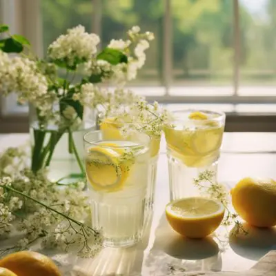 Close-up of a trio of Elderflower cocktails on a table in a light bright home kitchen with a bunch of elderflowers in a vase