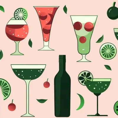 Vector illustration of a selection of fermented cocktails and fermented drink bottled in shades of green and pink on a light pink backdrop
