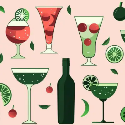 Vector illustration of a selection of fermented cocktails and fermented drink bottled in shades of green and pink on a light pink backdrop