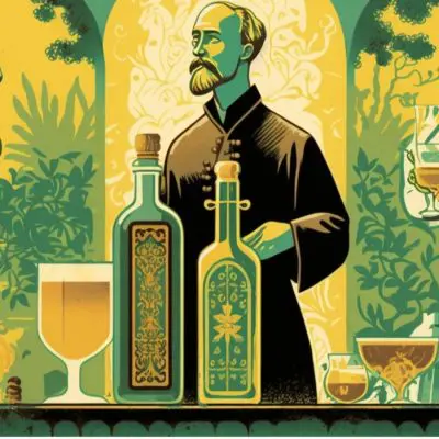 Classical illustrative depiction of two monks in a room full of greenery, with a table in the foreground holding two bottles of liqueur and a glass of yellow liquid