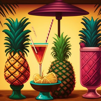 Retro illustration of a variety of pineapple juice cocktails in glasses and Tiki cocktainers, interspersed with fresh pineapples