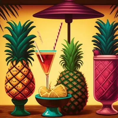 Retro illustration of a variety of pineapple juice cocktails in glasses and Tiki cocktainers, interspersed with fresh pineapples