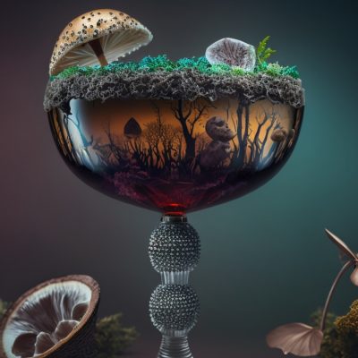 A fanciful image of The Clicker cocktail garnished with and surrounded by a variety of mushrooms and assorted fungi