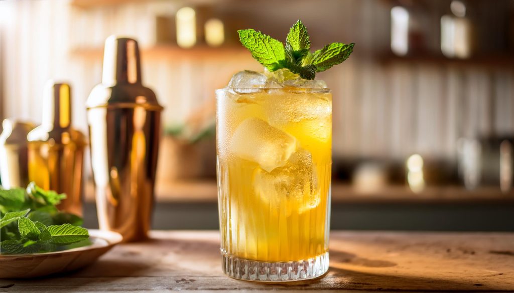 Close-up of a Honeysuckle Chartreuse cocktail with fresh mint garnish