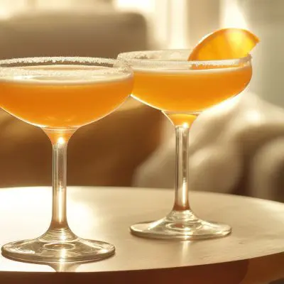 Two Vodka Sidecar cocktails on a table in a modern lounge in daytime