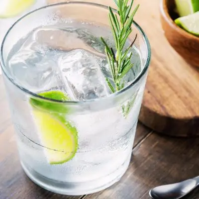 Refreshing Vodka Tonic served on ice with a rosemary and lime wedge garnish