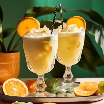Two creamy Painkiller cocktails with fresh orange garnish