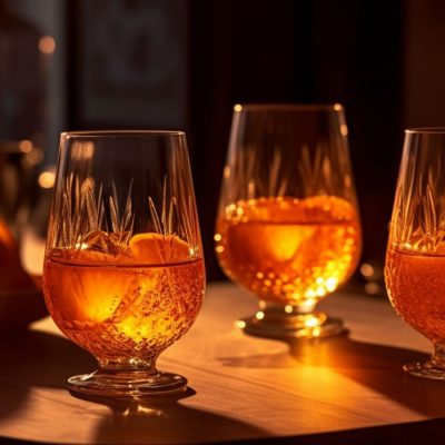 AI Midjourney close-up image of a trio of glasses with orange liqueur, Grand Marnier and triple sec, on a wooden surface, backlit by the sun