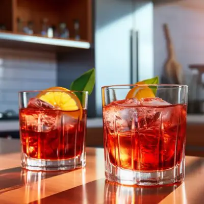 AI MidJourney image showing two Negroni cocktails on a wooden surface in a modern kitchen against a backdrop of a freezer with natural light streaming in through a nearby window