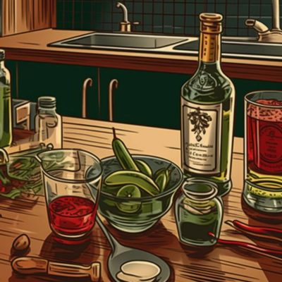 Classic colorful illustration of chilli liqueur, cocktail glasses and fresh red and green chillies on a wooden kitchen counter in a bright and airy kitchen
