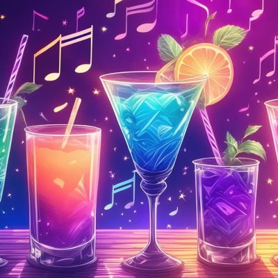 Artistic rendering of a collection of Eurovision cocktails in bold, neon colours, surrounded by music notes