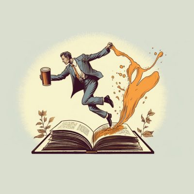 Colour illustration of a man jumping out of a giant book holding a cocktail