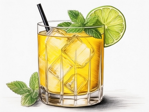 Colour illustration of a Navy Grog cocktail with mint and lime wheel garnish