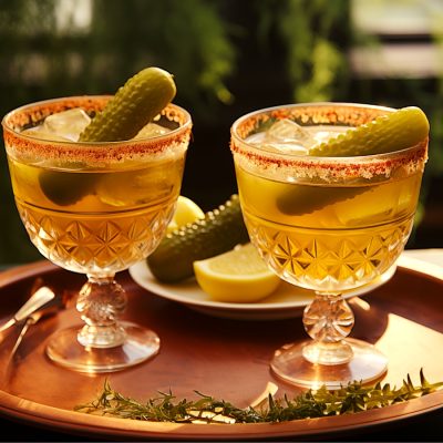 Two Pickle Juice Whiskey Sour cocktails with pickle garnish